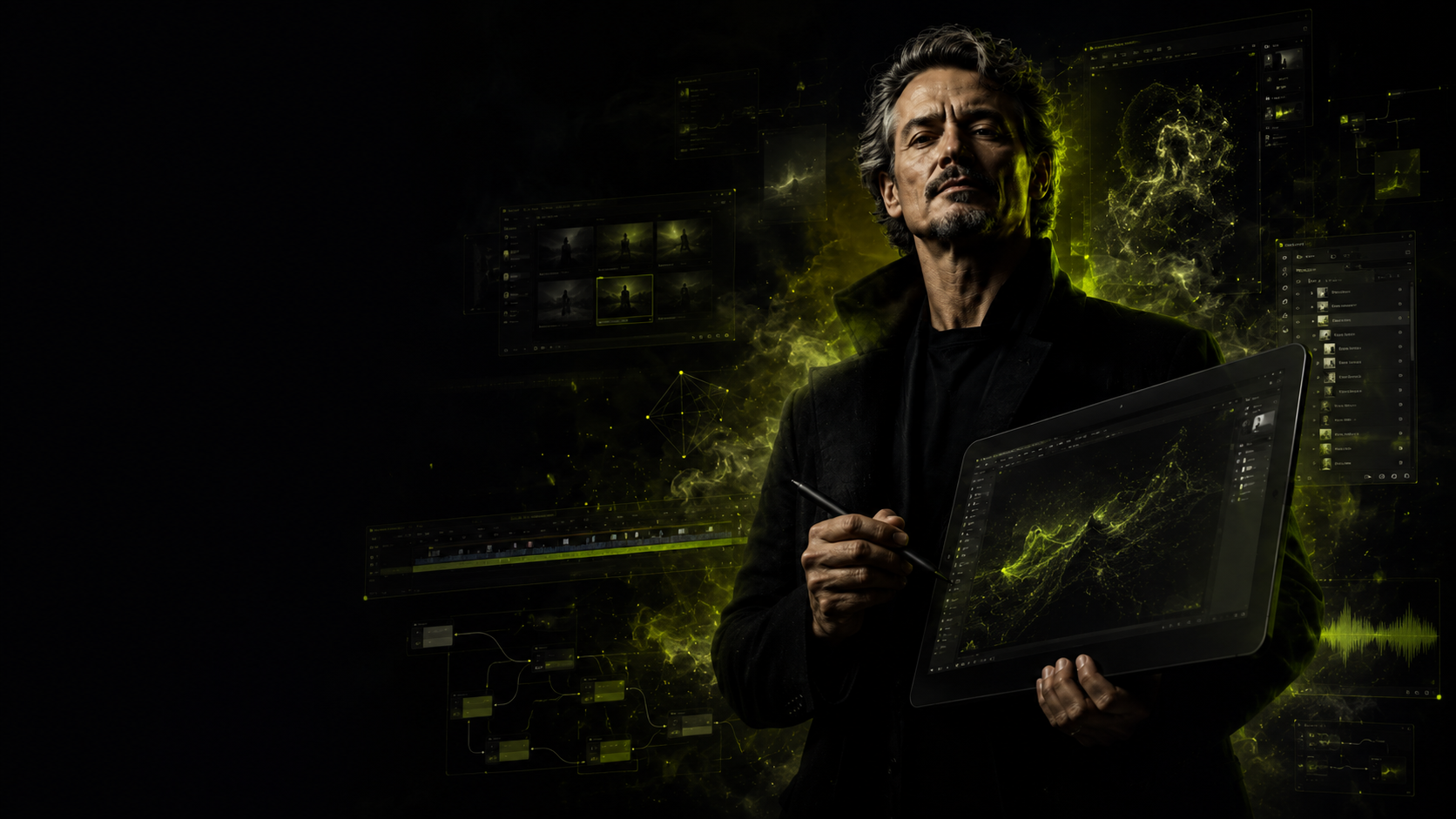 A creator directing generative AI tools, surrounded by glowing lime interfaces