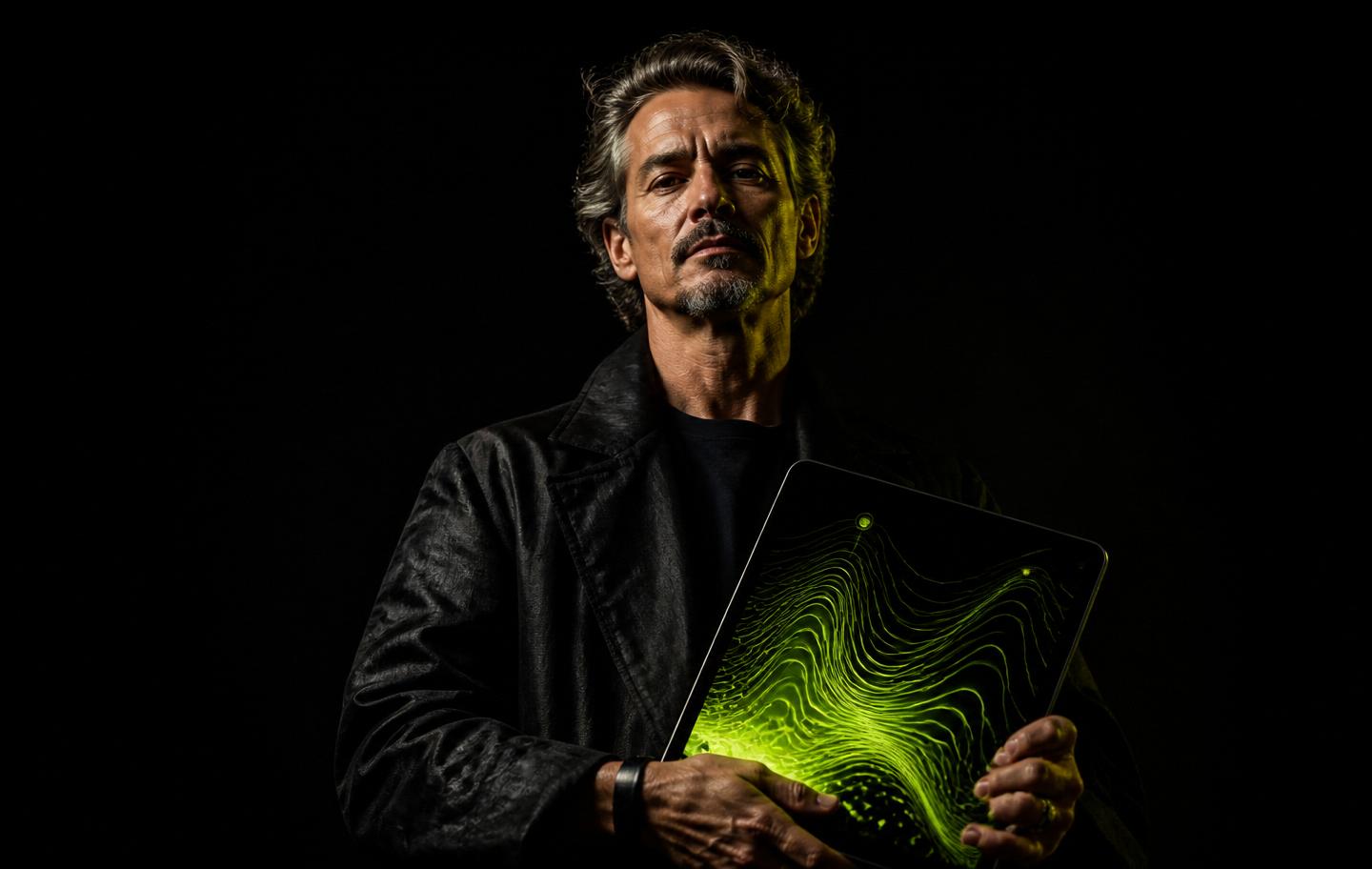 Cinematic dark landscape with glowing lime details
